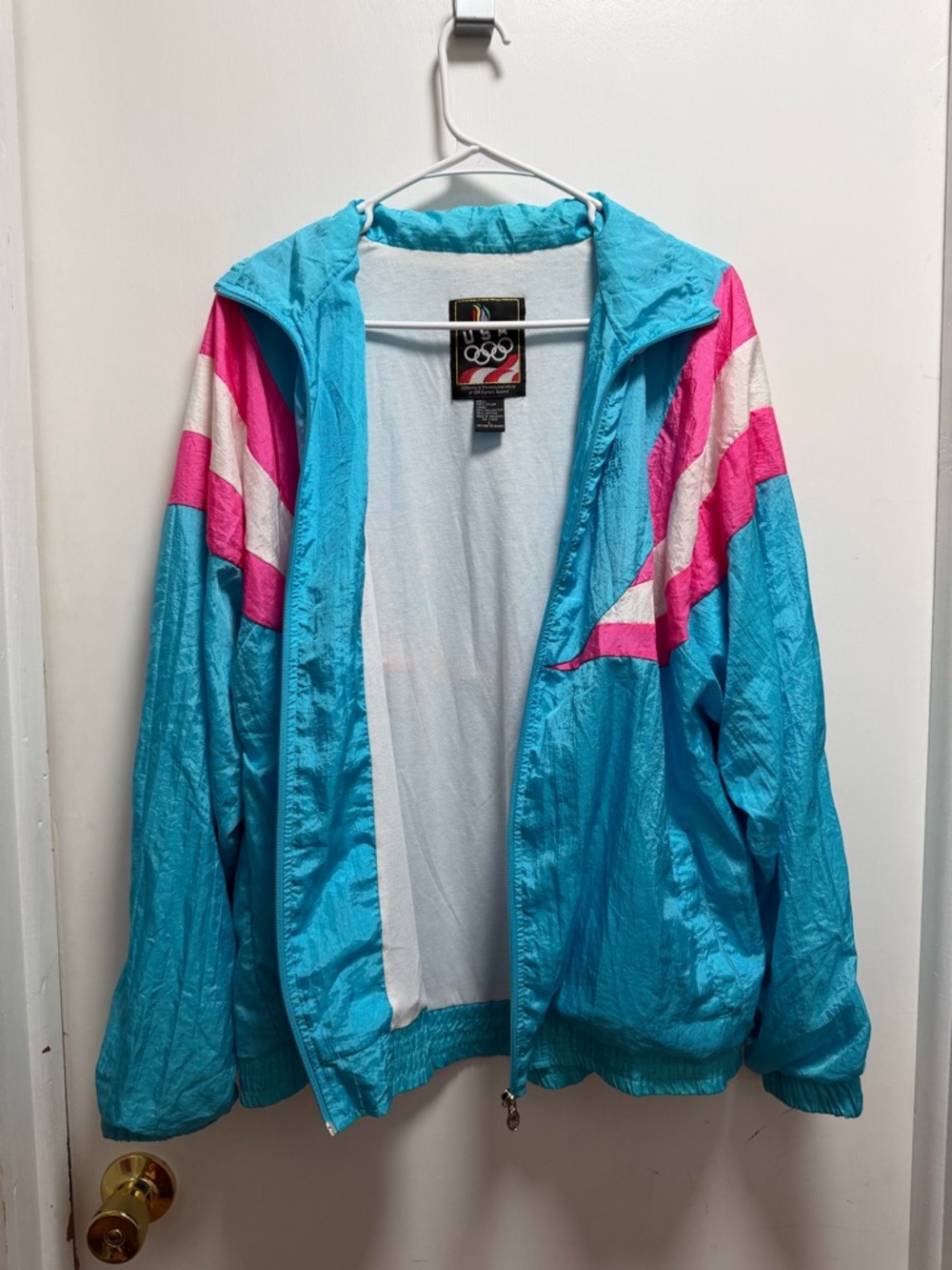 VTG USA Olympic JcPenney Nylon Windbreaker Jacket Sz L Blue Pink White Retro - Picture 11 of 11